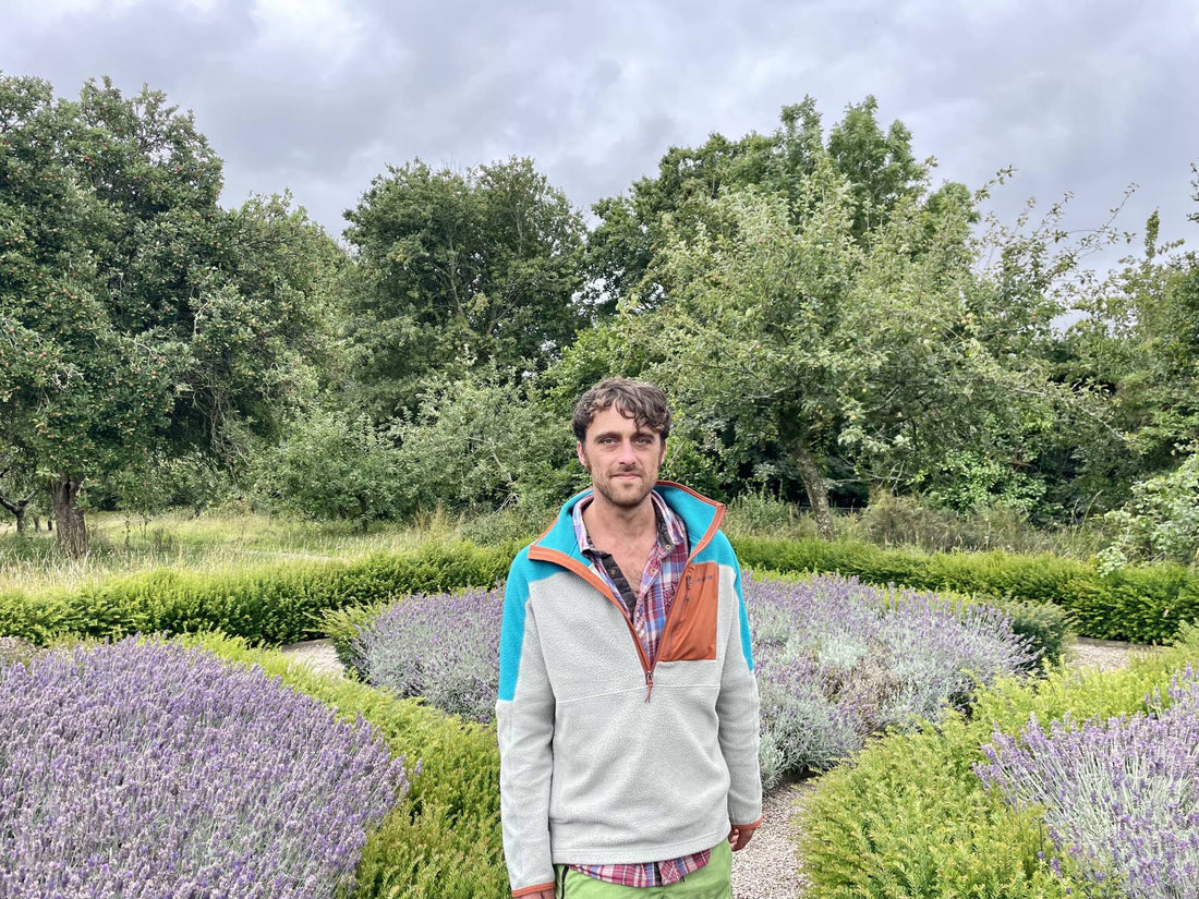 Lachlan in a well maintained garden of purple flowers
