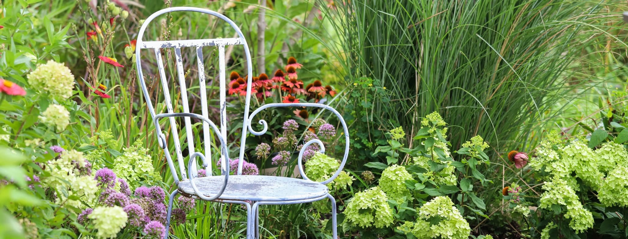 a chair in the corner of a secluded garden
