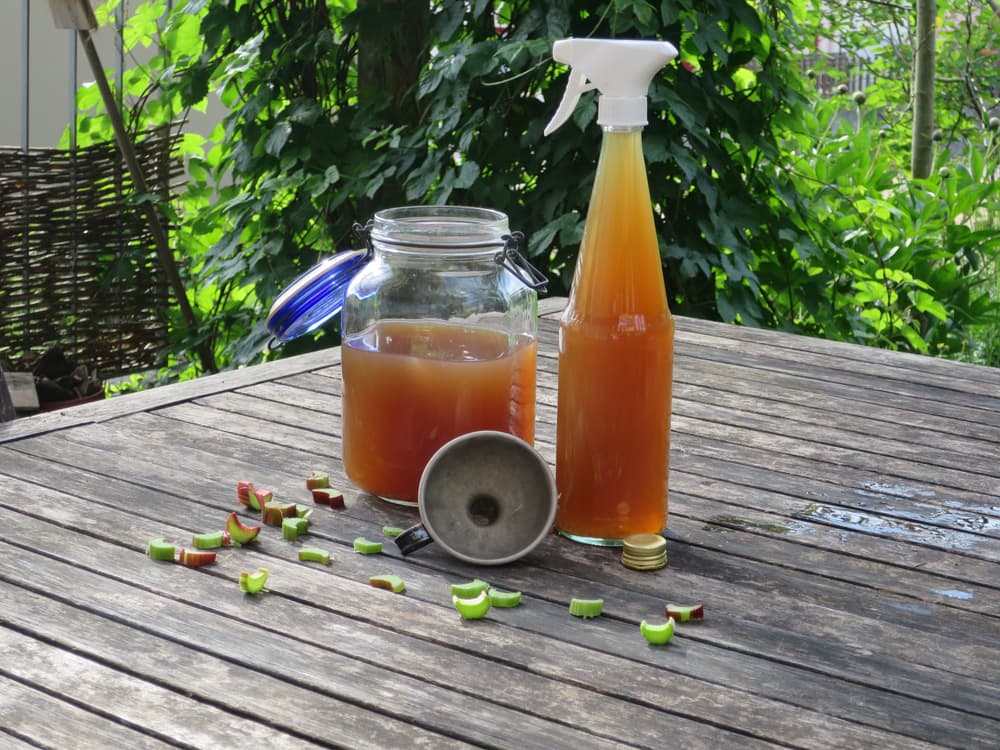 natural homemade fertiliser sat in jars on a garden tabletop