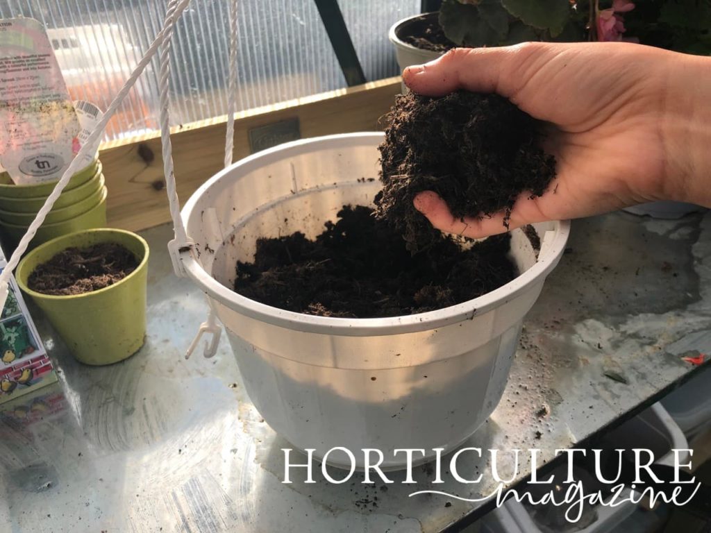 hand placing compost in a white plastic hanging basket