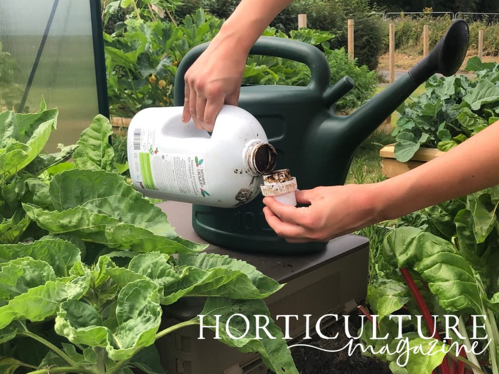 hand pouring fertiliser from the bottle into the cap