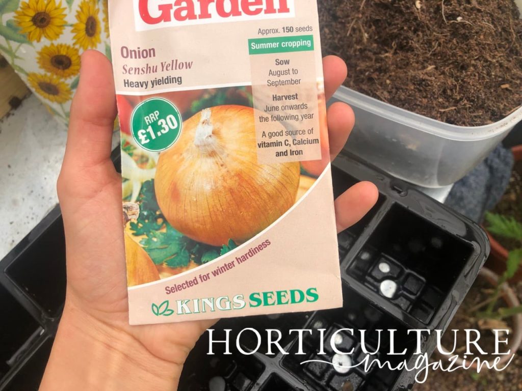 hand holding a packet of onion seeds in front of growing equipment