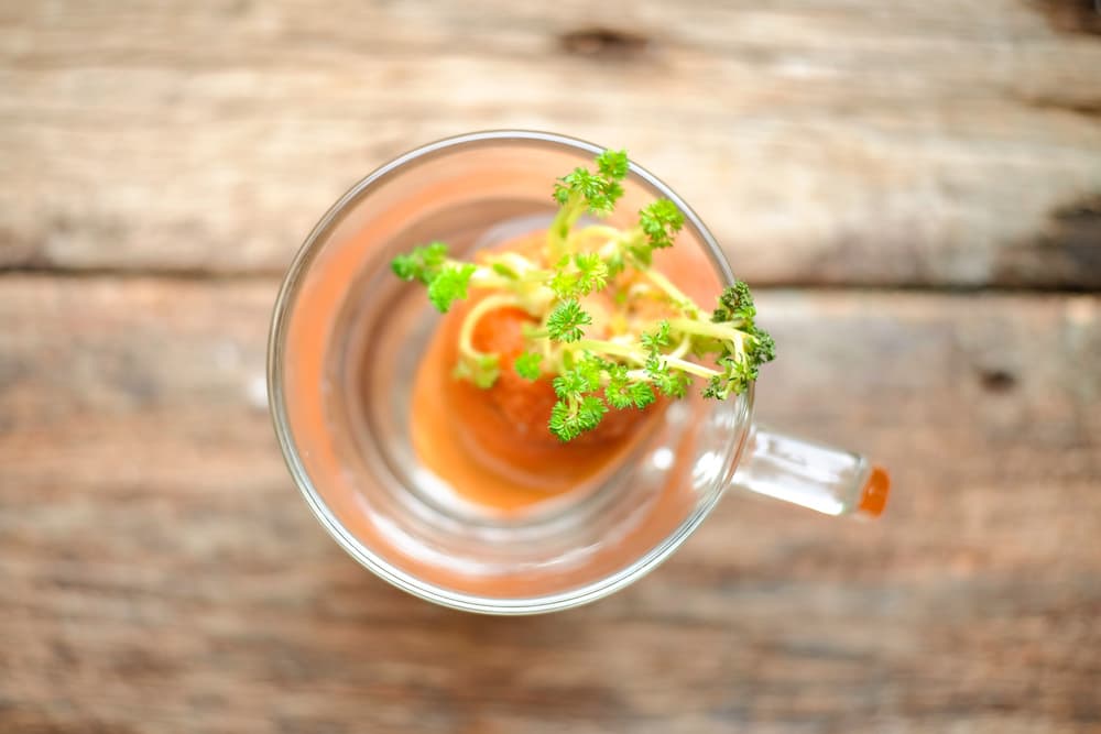 a birds eye view of a carrot head in a glass cup growing small shoots