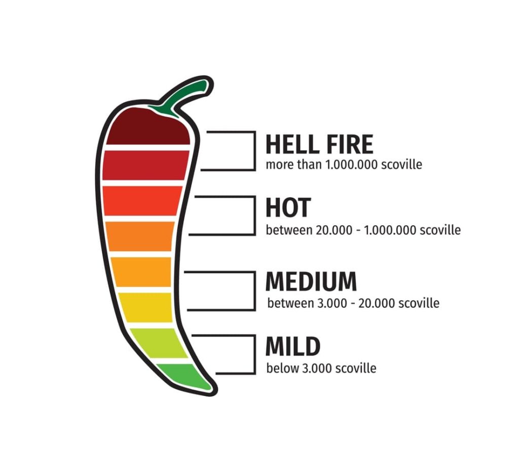 an illustration of Scoville heat units, including mild, medium, hot and 'hell fire'