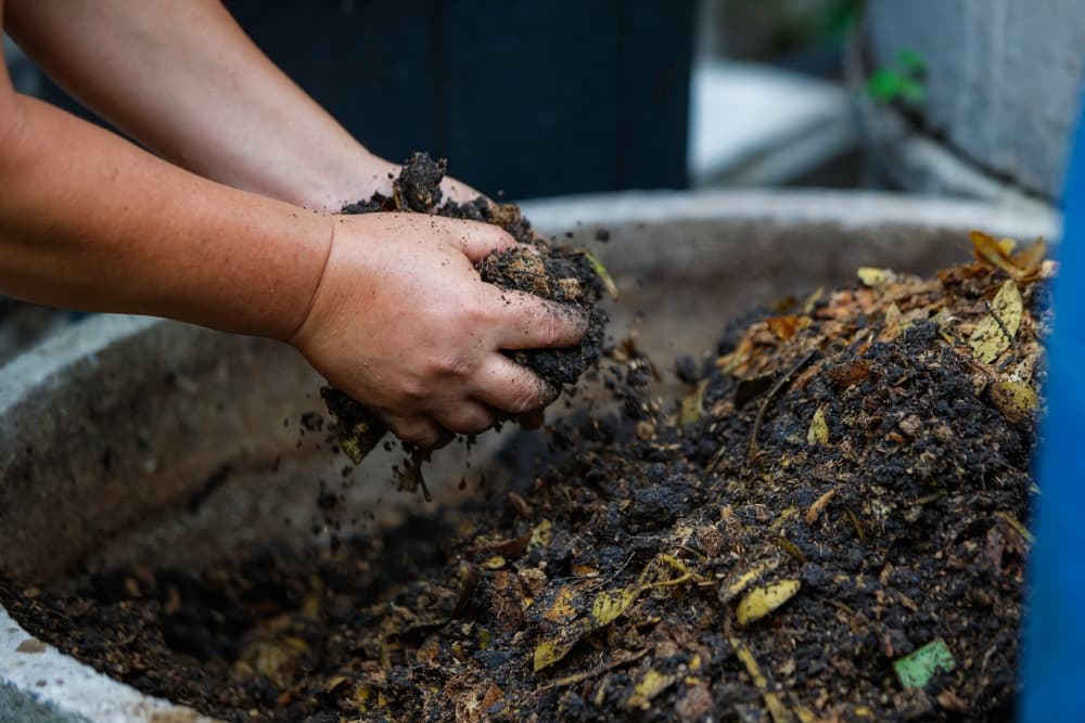 hands sifting through soil in a barrel