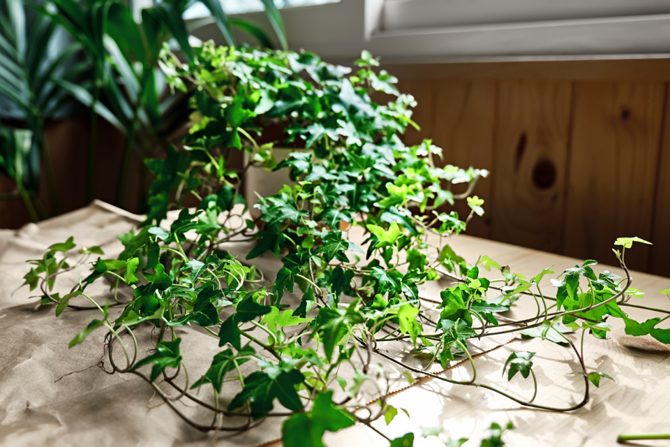 potted ivy plant with lots of foliage growing across a table indoors