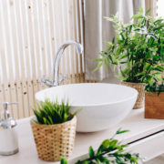 various potted houseplants decorated around a white sink in a bathroom in front of a panelled wall and window