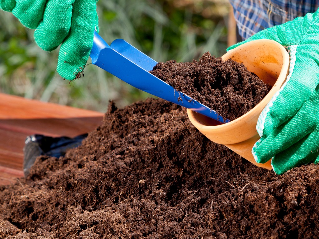 gardener filling a small pot with compost using a blue trowel