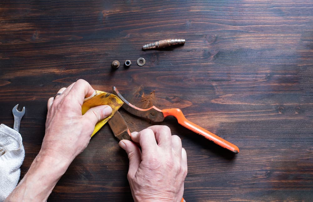 hands shown polishing rust from the blades of some secateurs