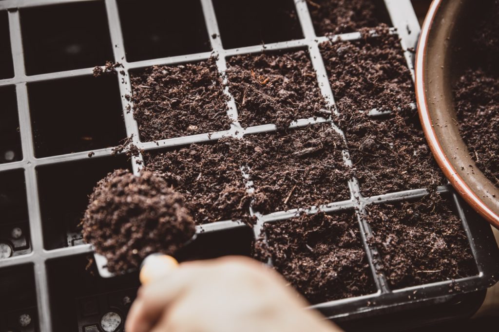a seed tray being filled with compost by someone using a trowel