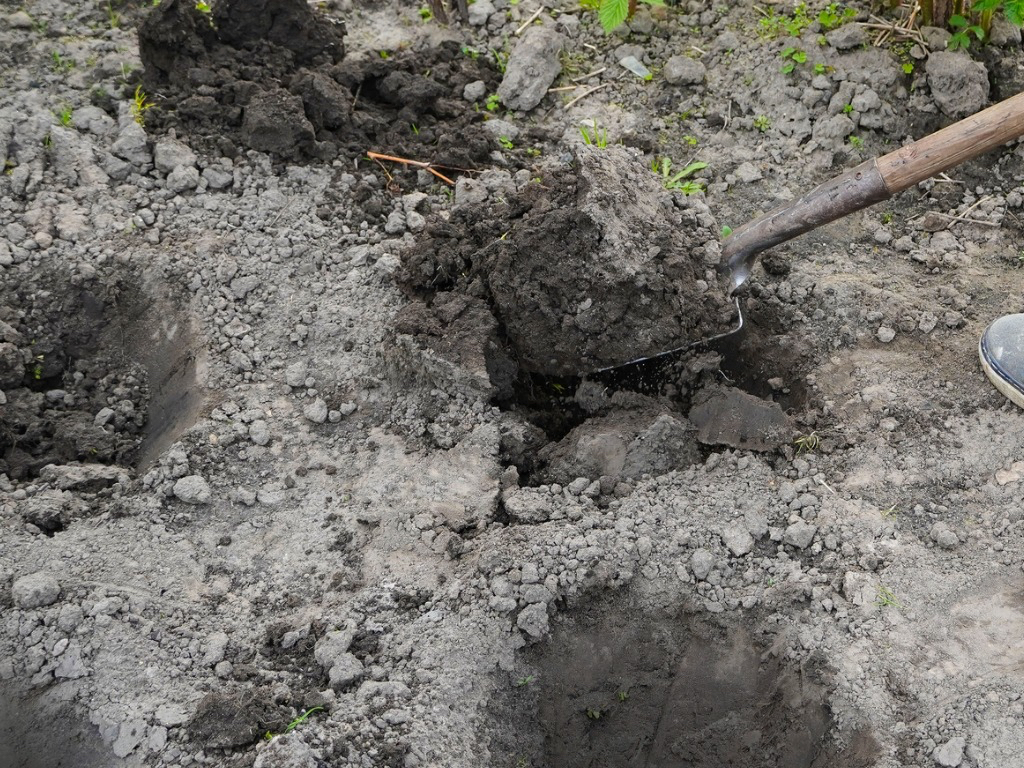 a shovel being used to dig a hole into soil outside
