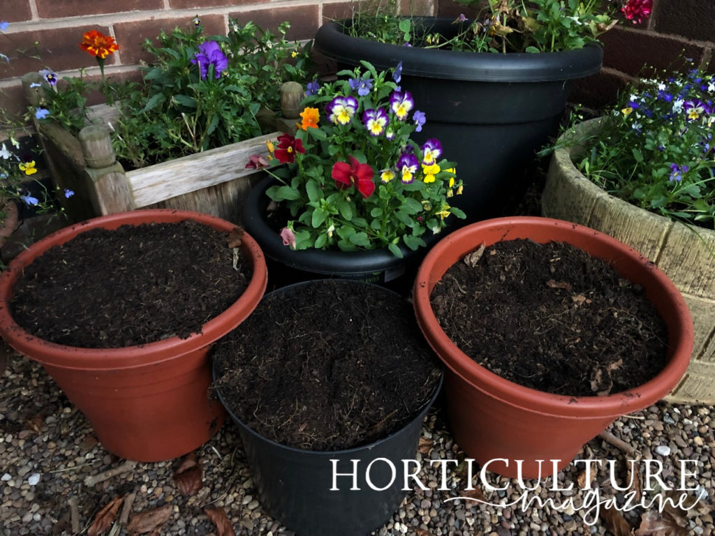 large pots that are full of compost placed in front of red, purple and yellow flowering potted plants