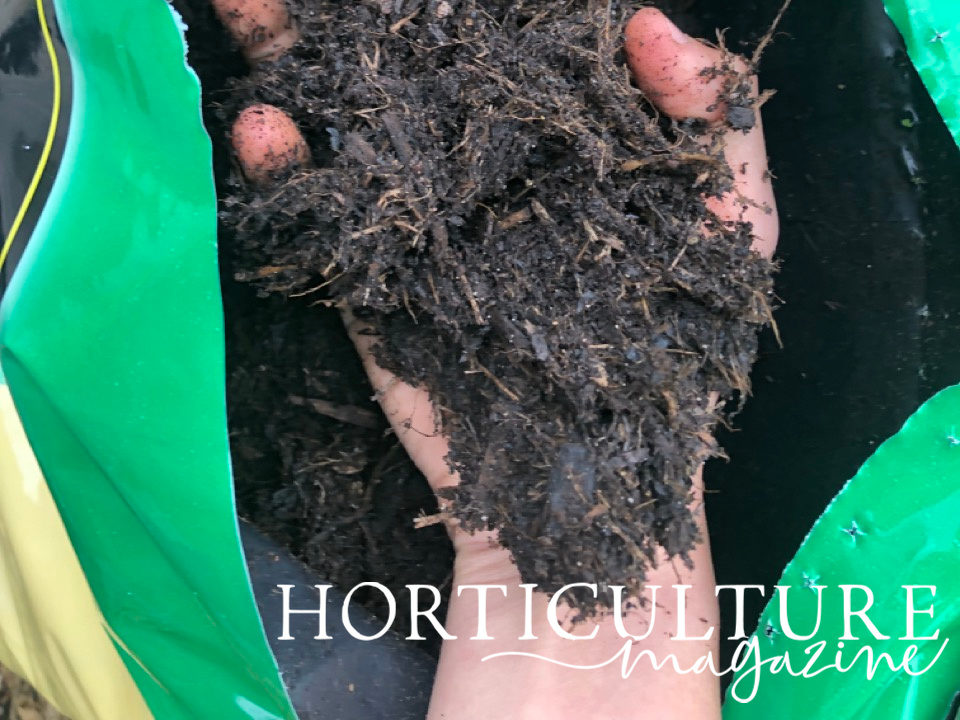 a handful of compost being held over the bag from which it has come from