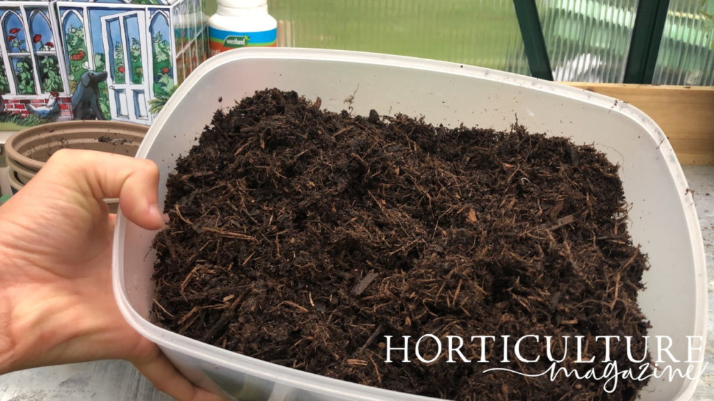 a container full of compost being held up in front of a metal work surface in a greenhouse