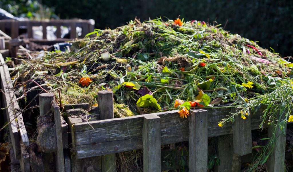 a large compost heap contained in a wooden structure with chopped foliage and colourful flowers