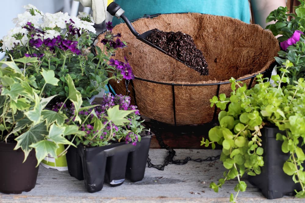 trowel being used to add soil into a planting basket