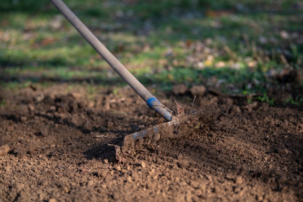 a rake being used to till the soil of a garden bed