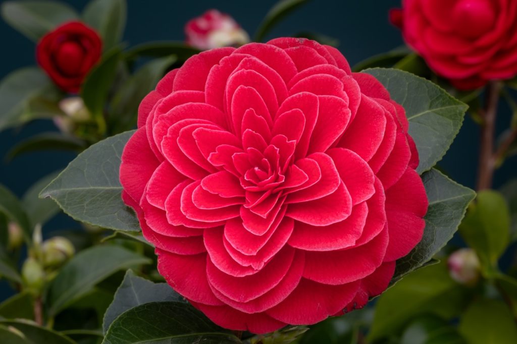 a 'black lace' camellia bush with layered red petals and dark green serrated leaves