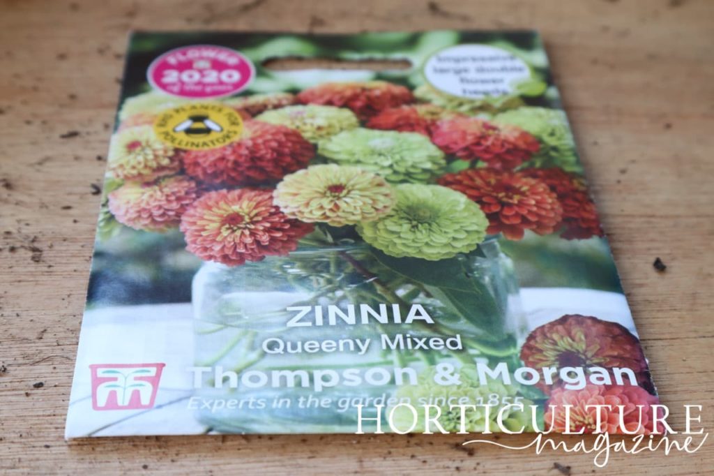 a packet of zinnia 'queeny mixed' seeds laid on a potting bench