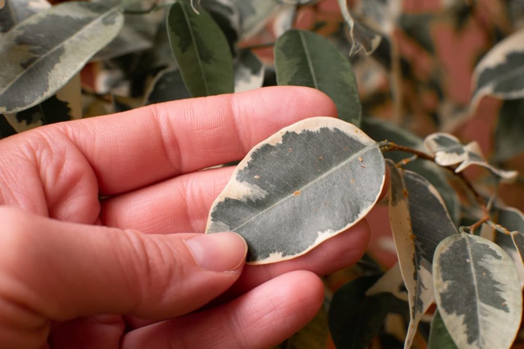 the variegated cream and green leaf of a weeping fig covered in scabs caused by pests