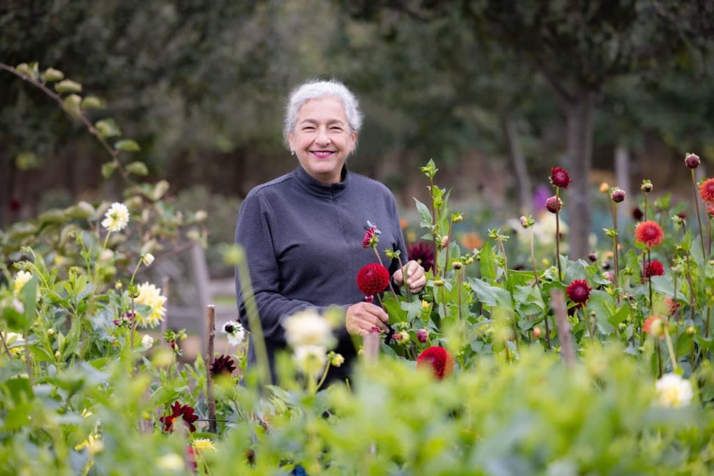 Karen Liebreich in a garden with red and yellow dahlias