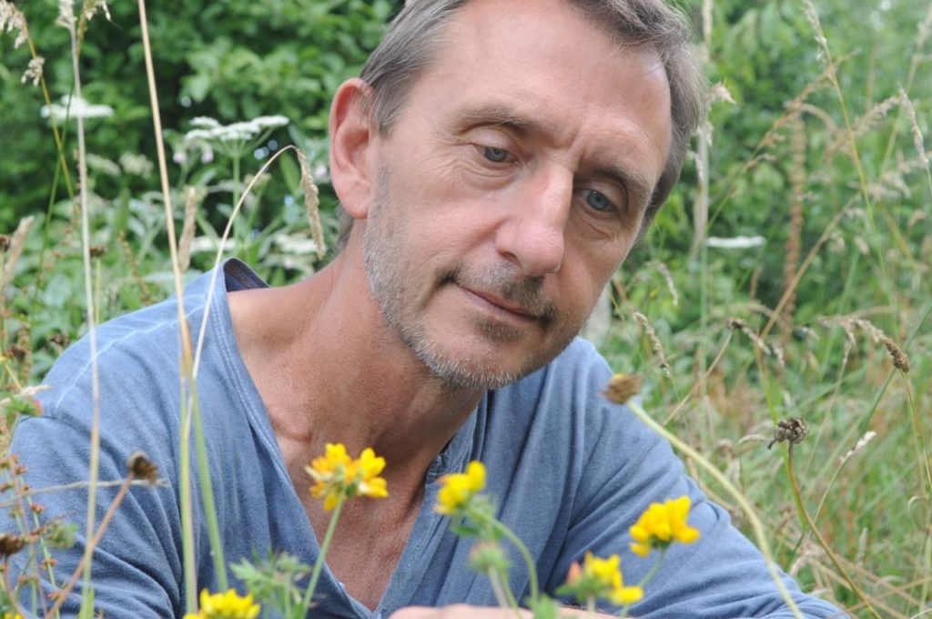 Dave Goulson inspecting some yellow flowers in a wildflower garden