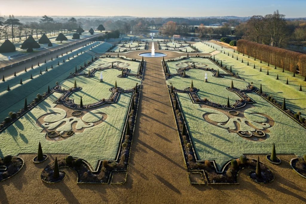 drone shot of huge country manor gardens designed by Todd Longstaffe-Gowan