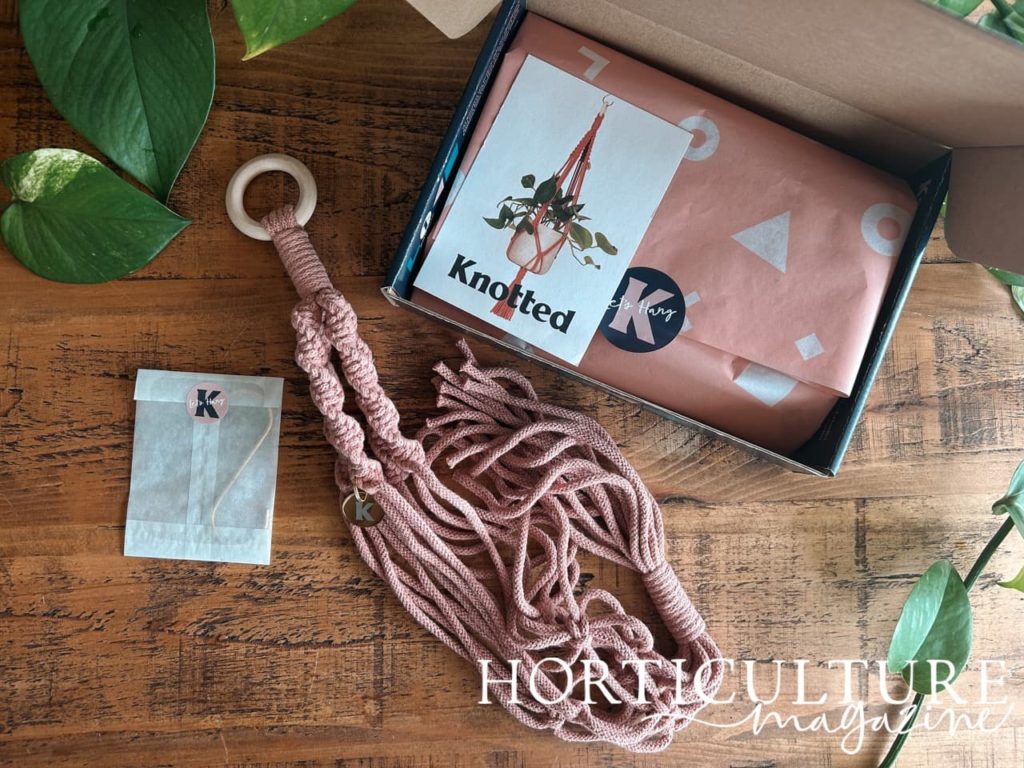pink macrame plant hanger on a table next to the box it came in