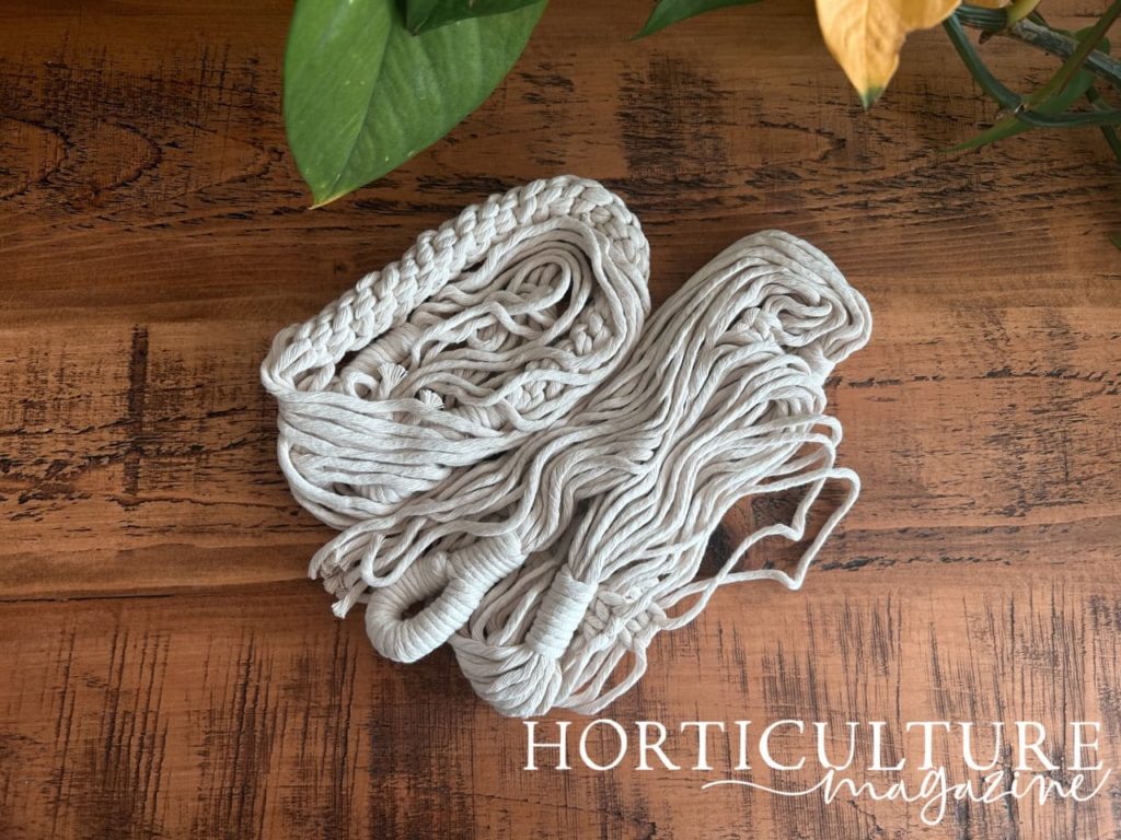 creamy-white macrame plant hanger on a wooden surface
