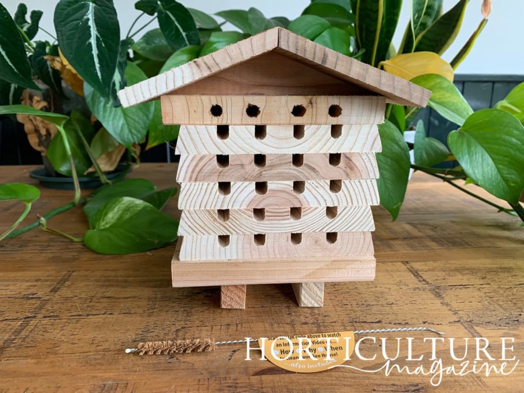 solitary bee hive shown sat on a wooden table with plant foliage in the background