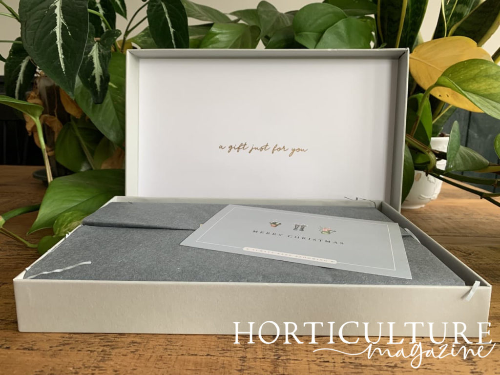 a nicely wrapped box from notes & clips with grey wrapping paper