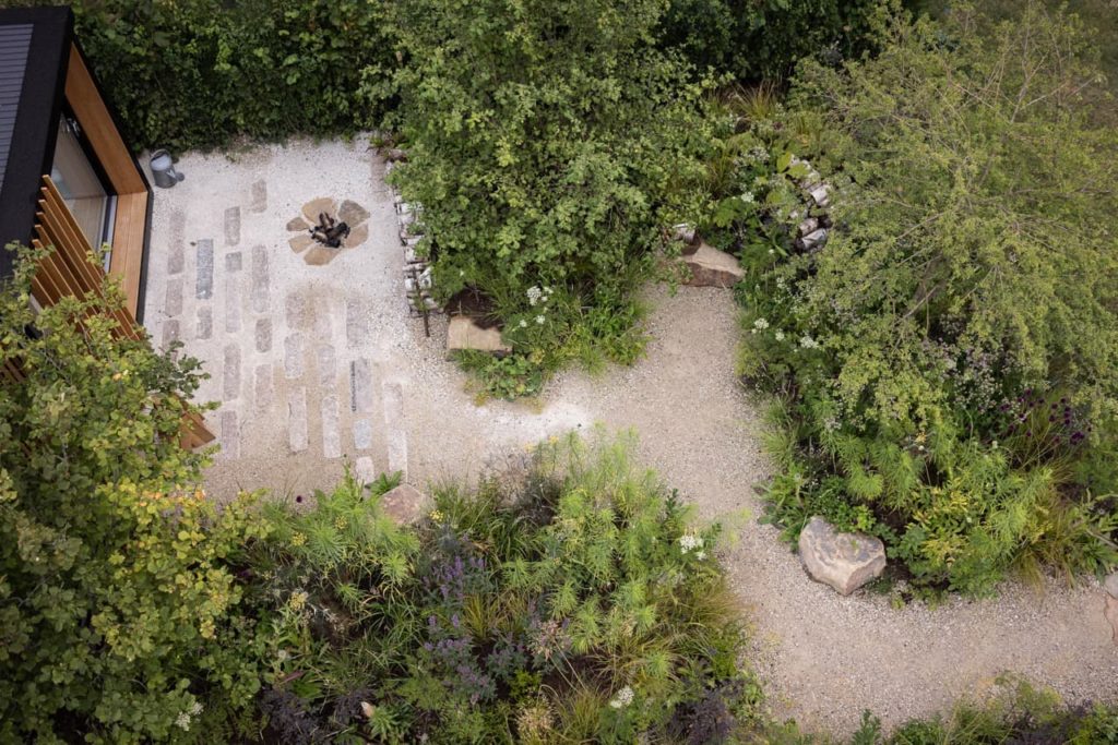 the actual garden from plans drawn up by William Scholey, with a zigzag path through green planting
