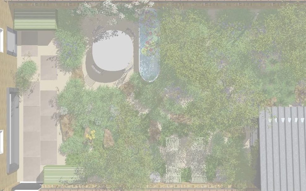 birds eye view of garden design plans featuring an outdoor seating area and a small wildlife pond