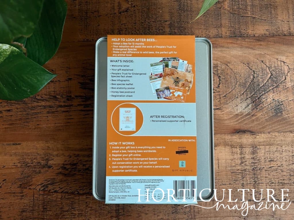 the back of the adopt a bee tin
