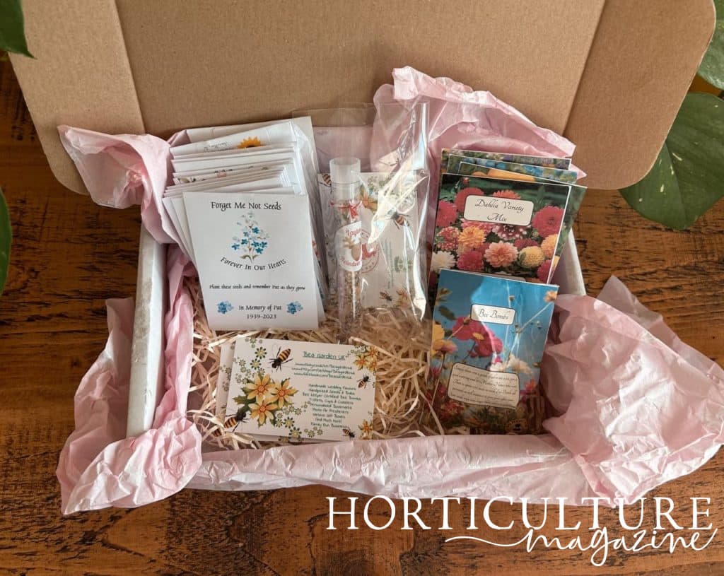 bee bombs from Bea Garden amongst other seed gifts in a cardboard box decorated with pink tissue paper