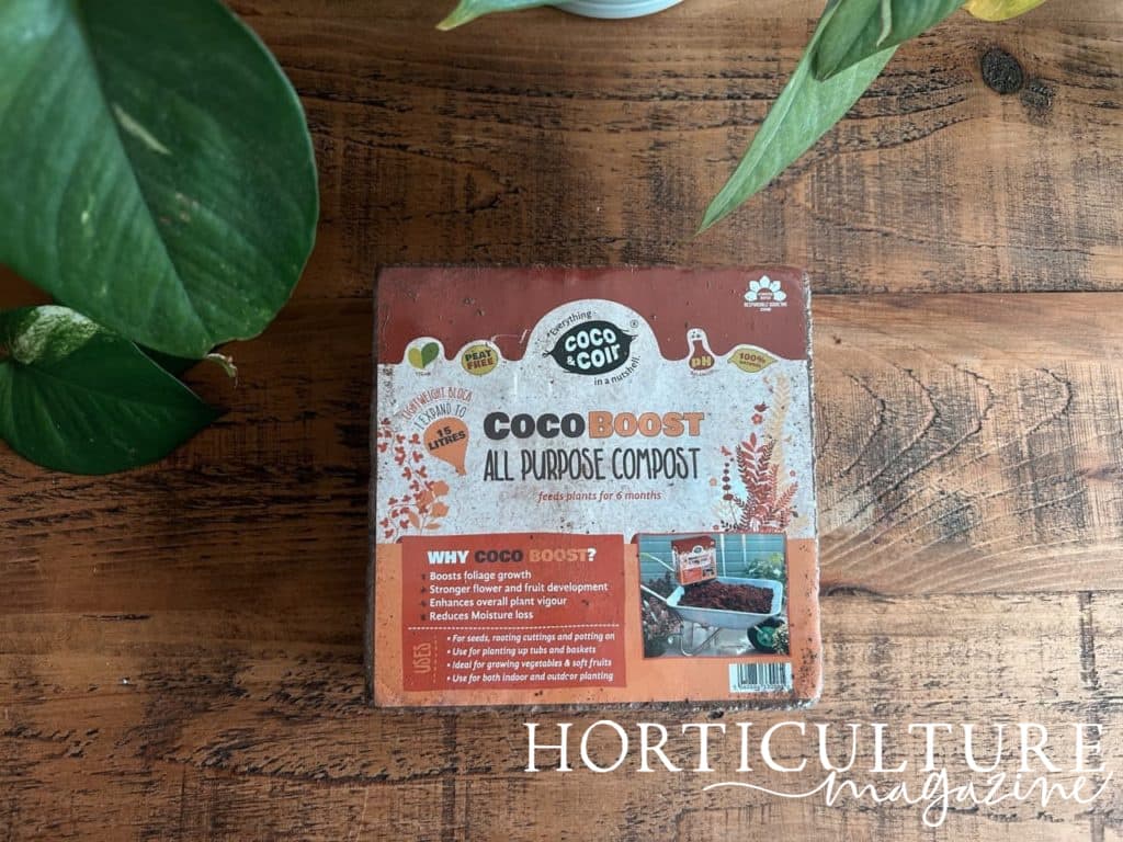 a block of all-purpose peat-free compost from coco-boost
