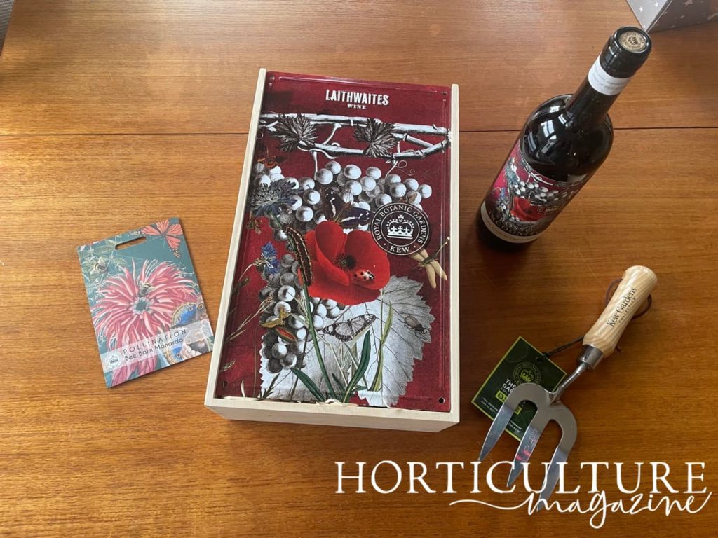 wine, trowel and some seeds from a mini gift set provided by Laithewaites