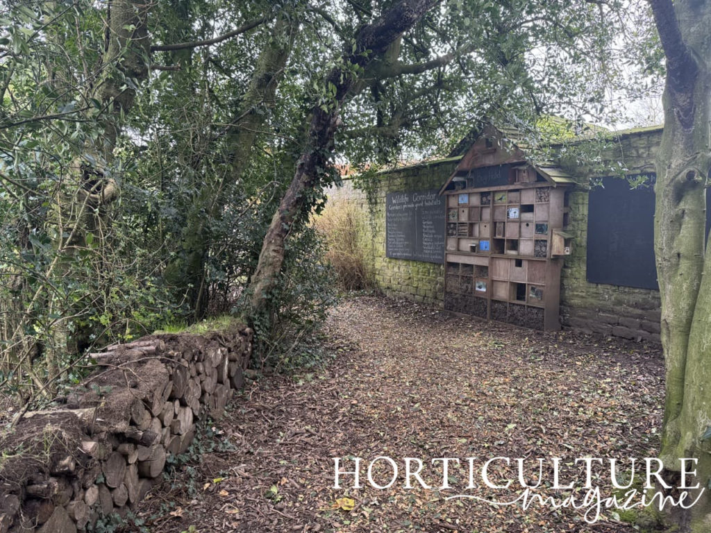 the wildlife corridor with a bug hotel and a log pile at Nunnington Hall