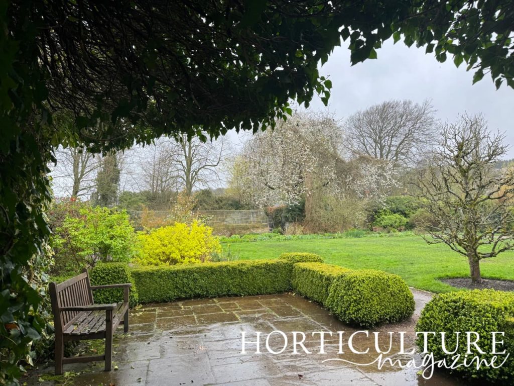the formal garden at East Riddlesden with a herbaceous border in the shape of an 'L'