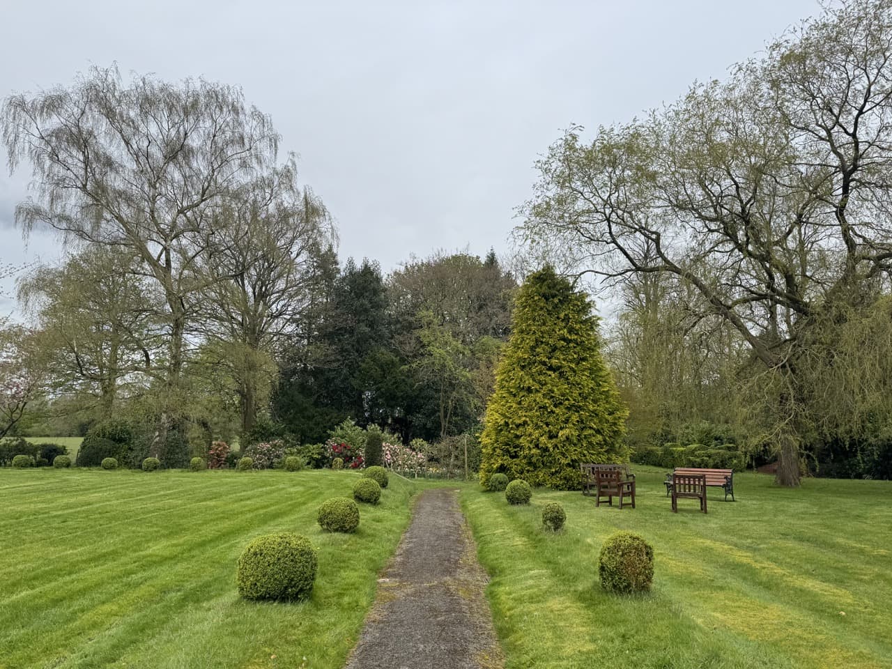 the garden at Parvey Lodge with mowed lawns and topiary boxes