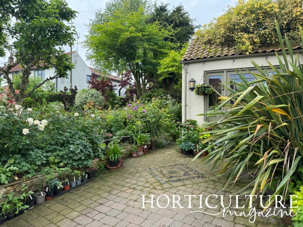 cobble cottage's porch with the driveway in front of it surrounded by plants