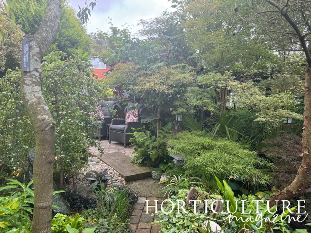 a seating area at 50 Shades of Green surrounded by acers and other large trees